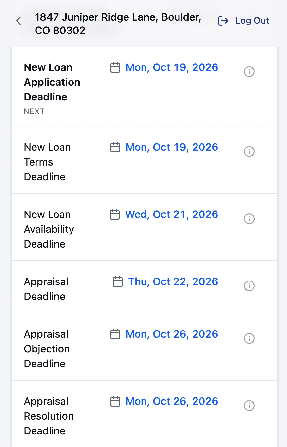The same deadlines as a dated list, with the next one marked