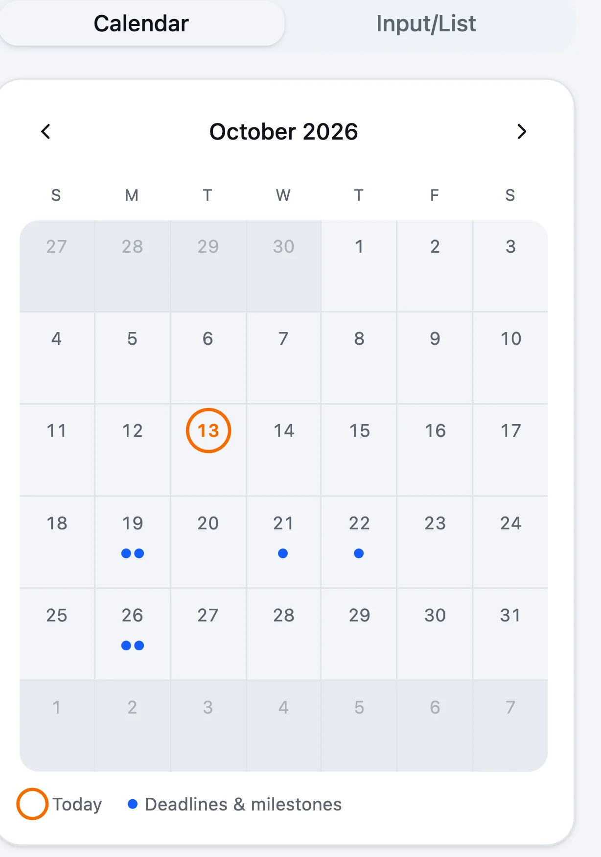 Dates and deadlines calendar for October 2026, with dots marking deadline days
