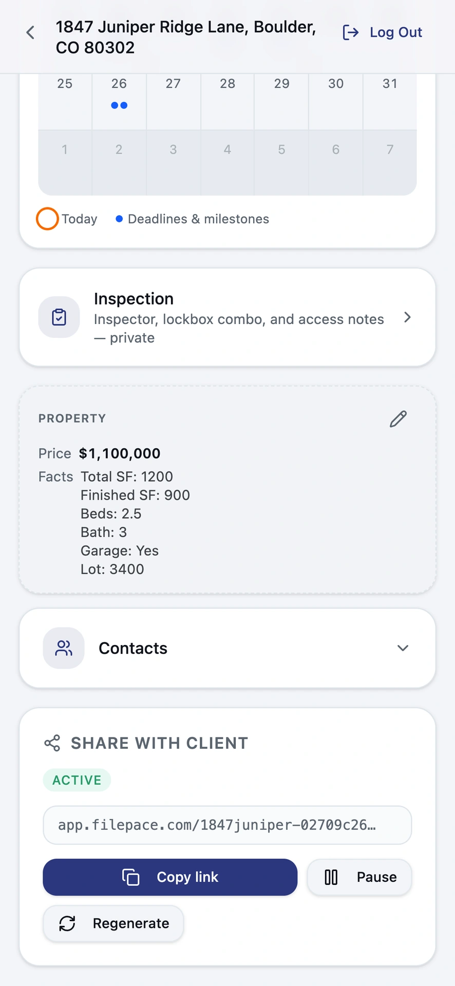 The agent's share panel for the 1847 Juniper Ridge Lane transaction in Boulder, Colorado, with the client link and copy, pause and regenerate controls