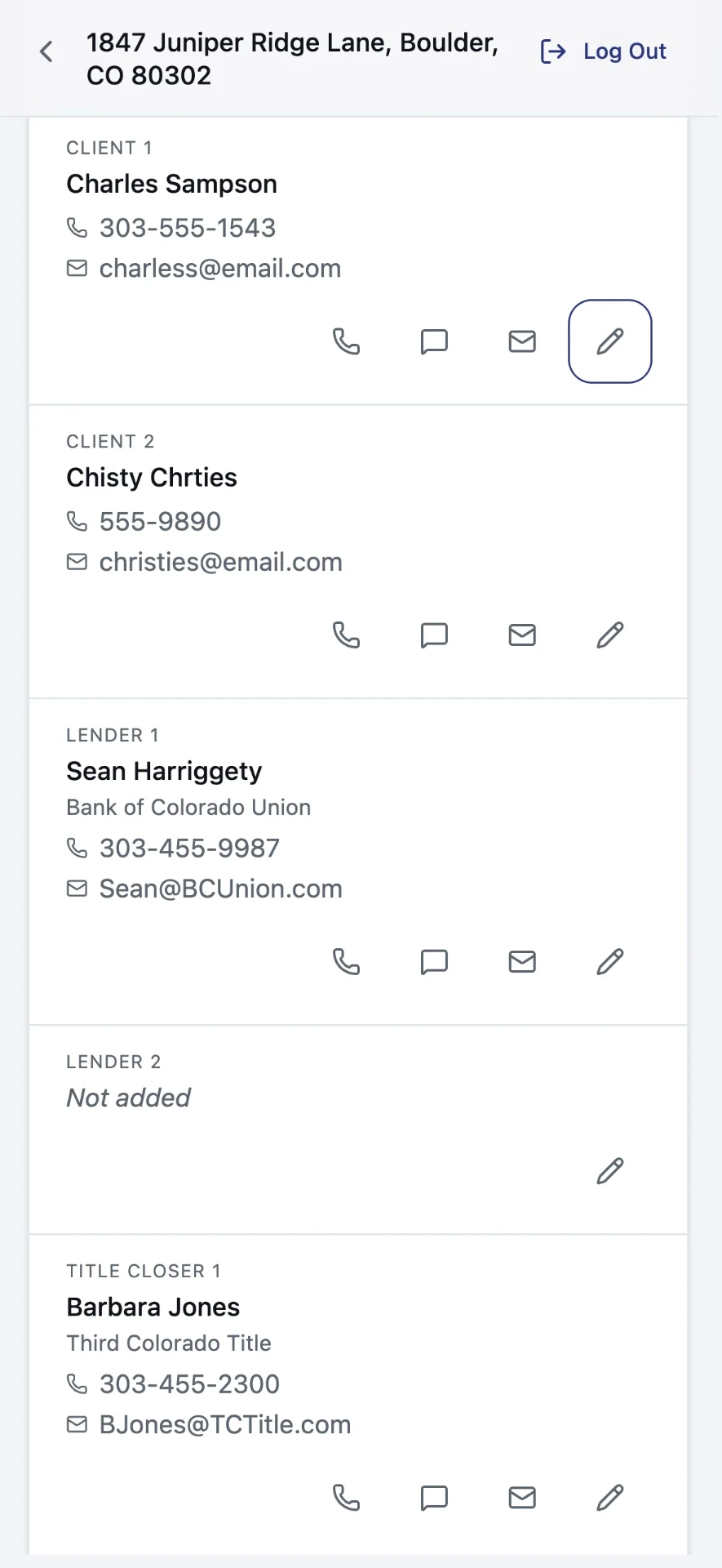 Transaction contacts screen showing the client, lender and title closer with call, text and email buttons